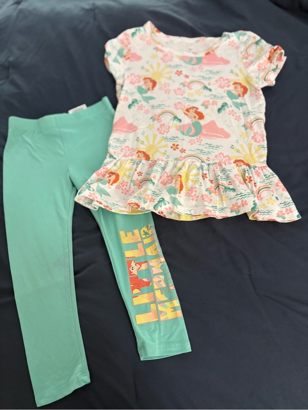 Little Mermaid Print Peplum Top & Mint Leggings Set